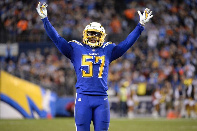 Oct 13, 2016; San Diego, CA, USA; San Diego Chargers outside linebacker Jatavis Brown (57) gestures from the field during the second half of the game against the Denver Broncos at Qualcomm Stadium. San Diego won 21-13. Mandatory Credit: Orlando Ramirez-USA TODAY Sports