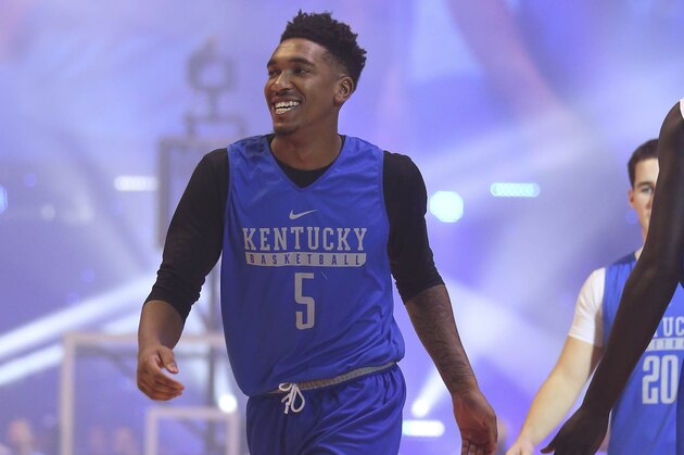 Oct 14, 2016; Lexington, KY, USA; Kentucky Wildcats guard Malik Monk (5) during Kentucky Midnight Madness at Rupp Arena. Mandatory Credit: Mark Zerof-USA TODAY Sports