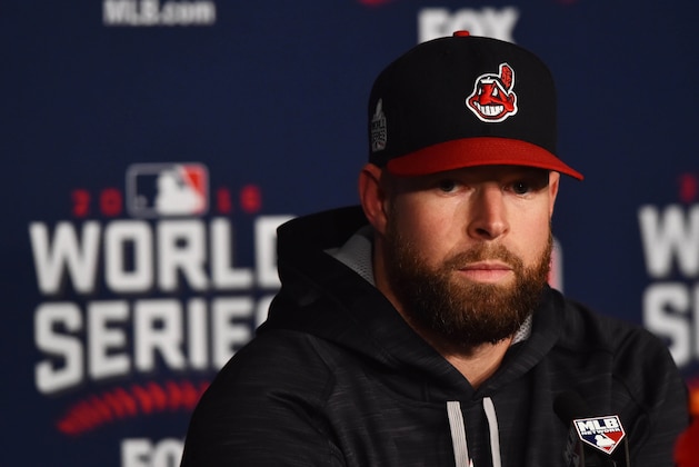 Oct 24, 2016; Cleveland , OH, USA; Cleveland Indians starting pitcher Corey Kluber (28) talks to the media during work out day prior to the start of the 2016 World Series at Progressive Field. Mandatory Credit: Ken Blaze-USA TODAY Sports