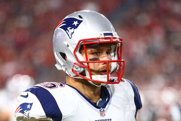 Sep 11, 2016; Glendale, AZ, USA; New England Patriots tight end AJ Derby (86) against the Arizona Cardinals at University of Phoenix Stadium. The Patriots defeated the Cardinals 23-21. Mandatory Credit: Mark J. Rebilas-USA TODAY Sports