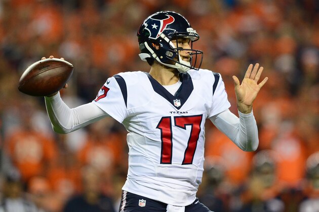 DENVER, CO - OCTOBER 24:  Quarterback Brock Osweiler #17 of the Houston Texans passes in the first quarter of the game against the Denver Broncos at Sports Authority Field at Mile High on October 24, 2016 in Denver, Colorado. (Photo by Dustin Bradford/Getty Images)