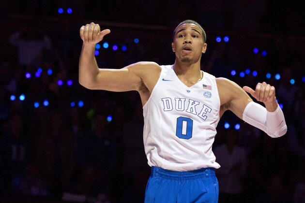DURHAM, NC - OCTOBER 22: Jayson Tatum #0 of the Duke Blue Devils reacts during player introductions during Countdown To Craziness at Cameron Indoor Stadium on October 22, 2016 in Durham, North Carolina. (Photo by Lance King/Getty Images)