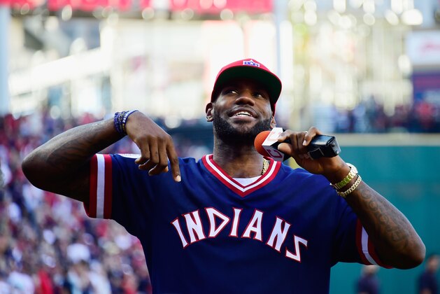 CLEVELAND, OH - OCTOBER 07:  LeBron James #23 of the Cleveland Cavaliers addresses the crowd prior to game two of the American League Divison Series between the Boston Red Sox and the Cleveland Indians at Progressive Field on October 7, 2016 in Cleveland, Ohio.  (Photo by Jason Miller/Getty Images)