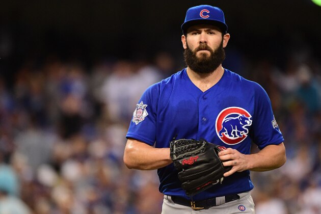 LOS ANGELES, CA - OCTOBER 18:  Jake Arrieta #49 of the Chicago Cubs looks on against the Los Angeles Dodgers in game three of the National League Championship Series at Dodger Stadium on October 18, 2016 in Los Angeles, California.  (Photo by Harry How/Getty Images)