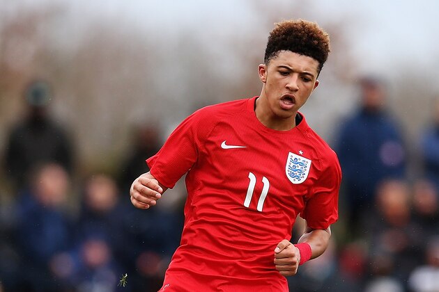 BURTON-UPON-TRENT, ENGLAND - FEBRUARY 21:  Jadon Sancho of England in action during the U16s International Friendly match between England U16 and Italy U16 at St Georges Park on February 21, 2016 in Burton-upon-Trent, England.  (Photo by Matthew Lewis/Getty Images)