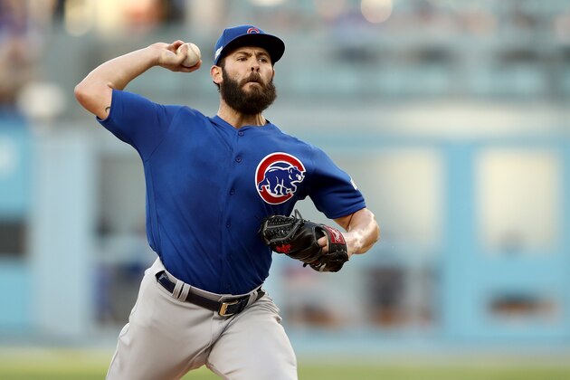 LOS ANGELES, CA - OCTOBER 18:  Jake Arrieta #49 of the Chicago Cubs pitches in the first inning against the Los Angeles Dodgers in game three of the National League Championship Series at Dodger Stadium on October 18, 2016 in Los Angeles, California.  (Photo by Sean M. Haffey/Getty Images)
