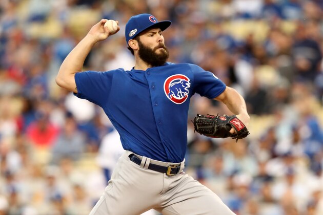 LOS ANGELES, CA - OCTOBER 18:  Jake Arrieta #49 of the Chicago Cubs pitches in the second inning against the Los Angeles Dodgers in game three of the National League Championship Series at Dodger Stadium on October 18, 2016 in Los Angeles, California.  (Photo by Sean M. Haffey/Getty Images)