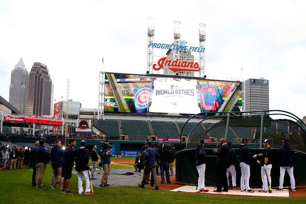 CLEVELAND, OH - OCTOBER 25:  The Cleveland Indians on the field during batting practice prior to Game One of the 2016 World Series against the Chicago Cubs at Progressive Field on October 25, 2016 in Cleveland, Ohio.  (Photo by Jamie Squire/Getty Images)