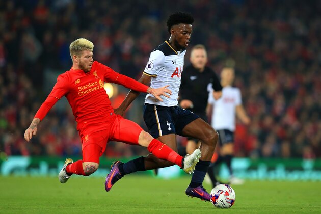 LIVERPOOL, ENGLAND - OCTOBER 25:  Alberto Moreno of Liverpool (L) tackles Joshua Onomah of Tottenaham Hotspur (R)  during the EFL Cup fourth round match between Liverpool and Tottenham Hotspur at Anfield on October 25, 2016 in Liverpool, England.  (Photo by Jan Kruger/Getty Images)