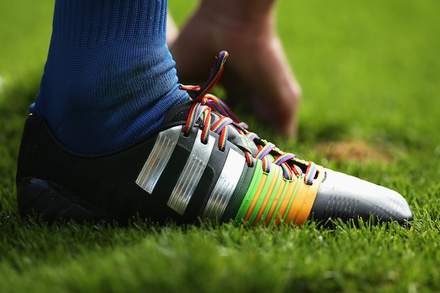 LONDON, ENGLAND - SEPTEMBER 13: A close up view showing rainbow laces during the Barclays Premier League match between Crystal Palace and Burnley at Selhurst Park on September 13, 2014 in London, England.  (Photo by Scott Heavey/Getty Images)