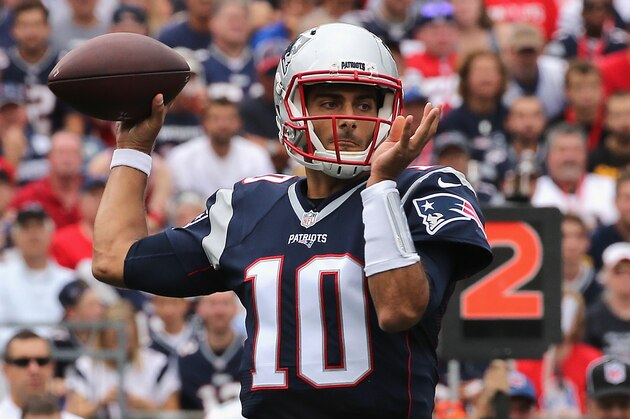 FOXBORO, MA - SEPTEMBER 18:  Jimmy Garoppolo #10 of the New England Patriots throws a pass during the first half against the Miami Dolphins at Gillette Stadium on September 18, 2016 in Foxboro, Massachusetts.  (Photo by Jim Rogash/Getty Images)