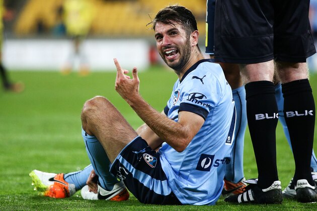 WELLINGTON, NEW ZEALAND - OCTOBER 23:  Michael Zullo of Sydney FC appeals to an official after being brought down during the round three A-League match between the Wellington Phoenix and Sydney FC at Westpac Stadium on October 23, 2016 in Wellington, New Zealand.  (Photo by Hagen Hopkins/Getty Images)