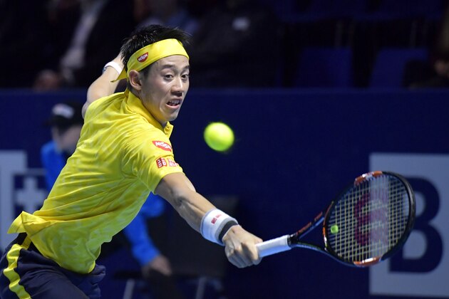 BASEL, SWITZERLAND - OCTOBER 26:  Kei Nishikori of Japan in action during the Swiss Indoors ATP 500 tennis tournament match against Paolo Lorenzi of Italy at St Jakobshalle on October 26, 2016 in Basel, Switzerland.  (Photo by Harold Cunningham/Getty Images)