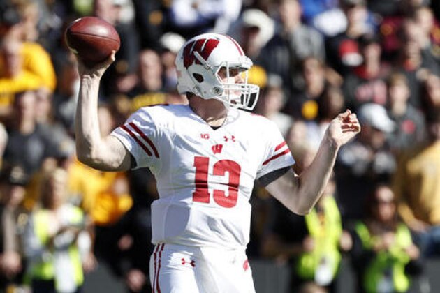 Wisconsin quarterback Bart Houston throws a pass during the second half of an NCAA college football game against Iowa, Saturday, Oct. 22, 2016, in Iowa City, Iowa. Wisconsin won 17-9. (AP Photo/Charlie Neibergall)