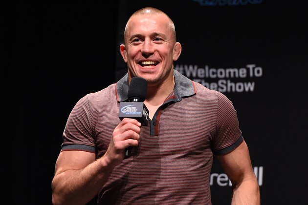 MONTREAL, QC - APRIL 24:   Former UFC welterweight champion Georges St-Pierre interacts with fans during a Q&A session before the UFC 186 weigh-in at Metropolis on April 24, 2015 in Montreal, Quebec, Canada. (Photo by Josh Hedges/Zuffa LLC/Zuffa LLC via Getty Images)