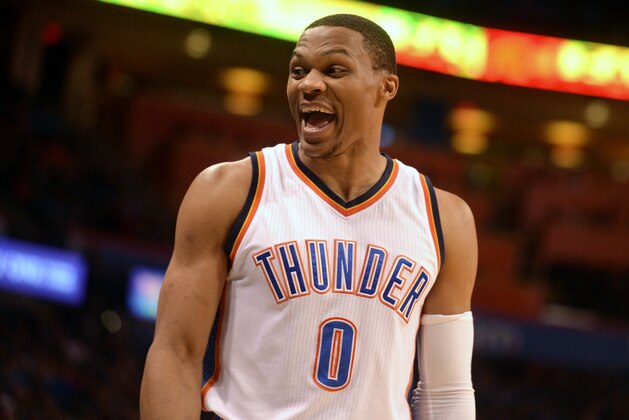 Oct 18, 2016; Oklahoma City, OK, USA; Oklahoma City Thunder guard Russell Westbrook (0) reacts to a play against the Denver Nuggets during the second quarter at Chesapeake Energy Arena. Mandatory Credit: Mark D. Smith-USA TODAY Sports