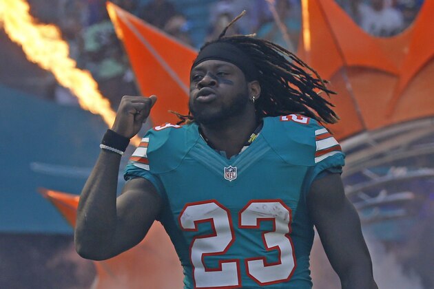 MIAMI GARDENS, FL - OCTOBER 23: Jay Ajayi #23 of the Miami Dolphins is introduced prior to the game against the Buffalo Bills on October 23, 2016 at Hard Rock Stadium in Miami Gardens, Florida. Miami defeated Buffalo 28-25. (Photo by Joel Auerbach/Getty Images)
