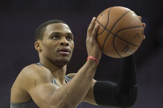 PHILADELPHIA, PA - OCTOBER 26: Russell Westbrook #0 of the Oklahoma City Thunder warms up prior to the game against the Philadelphia 76ers at Wells Fargo Center on October 26, 2016 in Philadelphia, Pennsylvania. NOTE TO USER: User expressly acknowledges and agrees that, by downloading and or using this photograph, User is consenting to the terms and conditions of the Getty Images License Agreement. (Photo by Mitchell Leff/Getty Images)