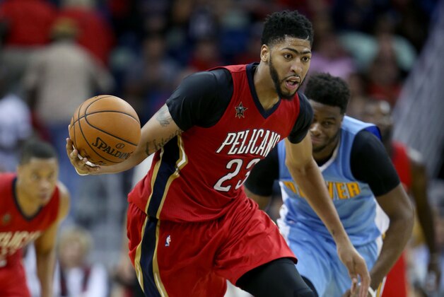 Oct 26, 2016; New Orleans, LA, USA; New Orleans Pelicans forward Anthony Davis (23) dribbles downcourt after a steal against the Denver Nuggets in the second half at the Smoothie King Center. The Nuggets won, 107-102. Mandatory Credit: Chuck Cook-USA TODAY Sports