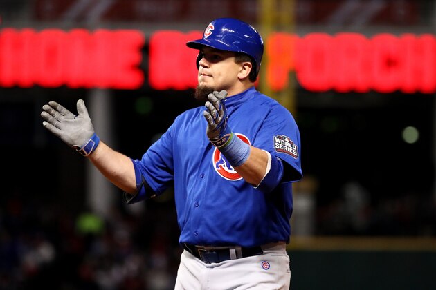 CLEVELAND, OH - OCTOBER 26:  Kyle Schwarber #12 of the Chicago Cubs reacts after hitting an RBI single to score Ben Zobrist #18 (not pictured) during the fifth inning against the Cleveland Indians in Game Two of the 2016 World Series at Progressive Field on October 26, 2016 in Cleveland, Ohio.  (Photo by Ezra Shaw/Getty Images)