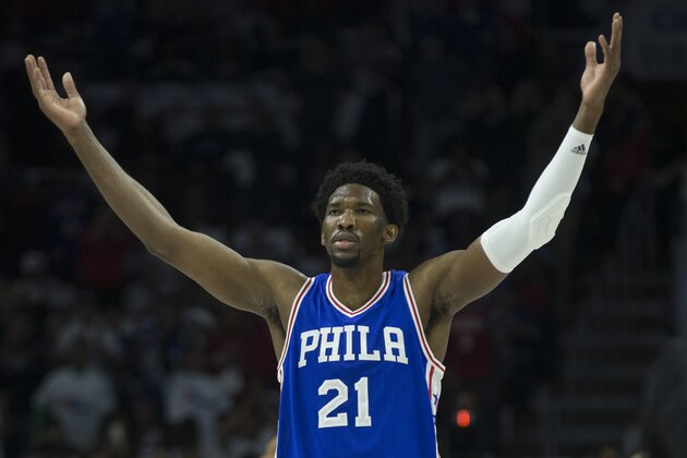PHILADELPHIA, PA - OCTOBER 26: Joel Embiid #21 of the Philadelphia 76ers reacts in the first quarter against the Oklahoma City Thunder at Wells Fargo Center on October 26, 2016 in Philadelphia, Pennsylvania. NOTE TO USER: User expressly acknowledges and agrees that, by downloading and or using this photograph, User is consenting to the terms and conditions of the Getty Images License Agreement. (Photo by Mitchell Leff/Getty Images)