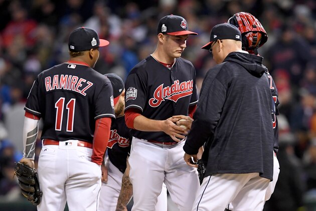 CLEVELAND, OH - OCTOBER 26:  Trevor Bauer #47 of the Cleveland Indians is relieved by manager Terry Francona during the fourth inning in Game Two of the 2016 World Series against the Chicago Cubs at Progressive Field on October 26, 2016 in Cleveland, Ohio.  (Photo by Jason Miller/Getty Images)