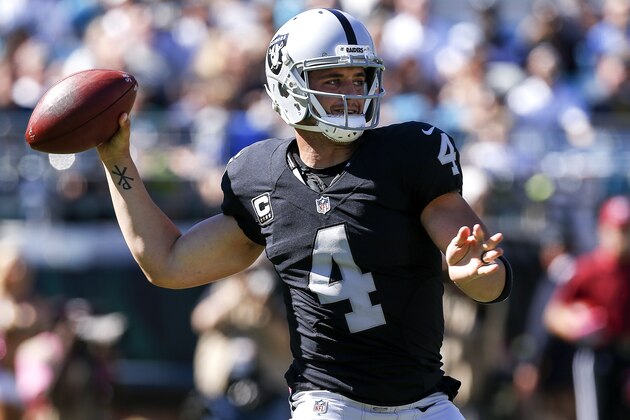 JACKSONVILLE, FL - OCTOBER 23: Quarterback Derek Carr #4 of the Oakland Raiders on a pass play during the game against the Jacksonville Jaguars at EverBank Field on October 23, 2016 in Jacksonville, Florida. The Raiders defeated the Jaguars 33 to 16. (Photo by Don Juan Moore/Getty Images)
