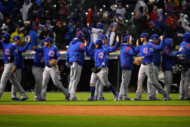 CLEVELAND, OH - OCTOBER 26:  The Chicago Cubs celebrate after defeating the Cleveland Indians 5-1 in Game Two of the 2016 World Series at Progressive Field on October 26, 2016 in Cleveland, Ohio.  (Photo by Jamie Squire/Getty Images)