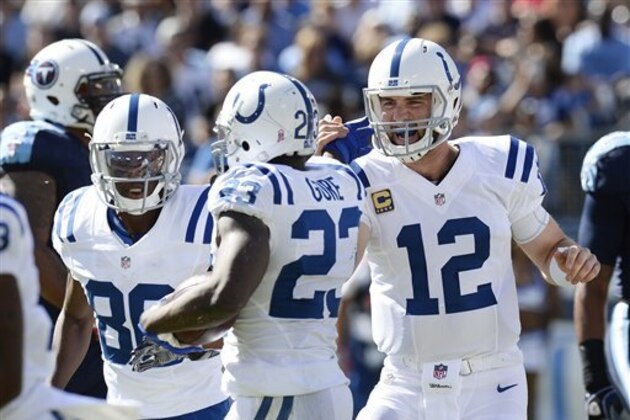 Indianapolis Colts quarterback Andrew Luck (12) celebrates with running back Frank Gore (23) after Gore scored a touchdown on a 3-yard pass reception against the Tennessee Titans in the first half of an NFL football game Sunday, Oct. 23, 2016, in Nashville, Tenn. (AP Photo/Mark Zaleski)