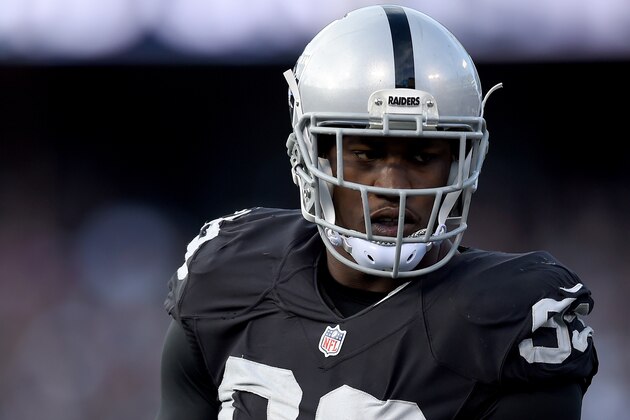 OAKLAND, CA - NOVEMBER 15:  Aldon Smith #99 of the Oakland Raiders looks on during a timeout against the Minnesota Vikings in the third quarter of their NFL football game at O.co Coliseum on November 15, 2015 in Oakland, California.  (Photo by Thearon W. Henderson/Getty Images)