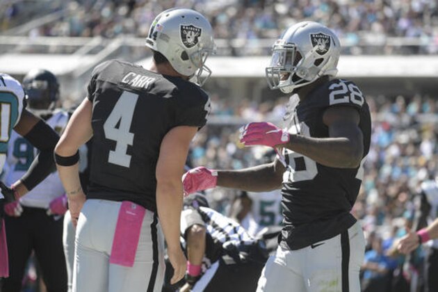 Oakland Raiders quarterback Derek Carr (4) celebrates with running back Latavius Murray (28) after his touchdown run against the Jacksonville Jaguars during the second quarter of an NFL football game Sunday, Oct. 23, 2016, in Jacksonville, Fla. (AP Photo/Phelan Ebenhack)