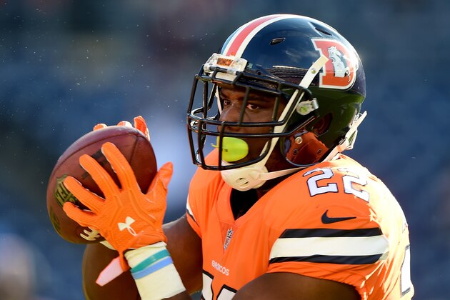 SAN DIEGO, CA - OCTOBER 13:   C.J. Anderson #22 of the Denver Broncos warms up before the game against the San Diego Chargers at Qualcomm Stadium on October 13, 2016 in San Diego, California.  (Photo by Harry How/Getty Images)