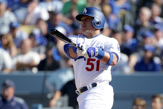 LOS ANGELES, CA - OCTOBER 10:  Carlos Ruiz #51 of the Los Angeles Dodgers hits a two-run home run in the in fifth inning in game three of the National League Division Series against the Washington Nationals at Dodger Stadium on October 10, 2016 in Los Angeles, California.  (Photo by Jeff Gross/Getty Images)