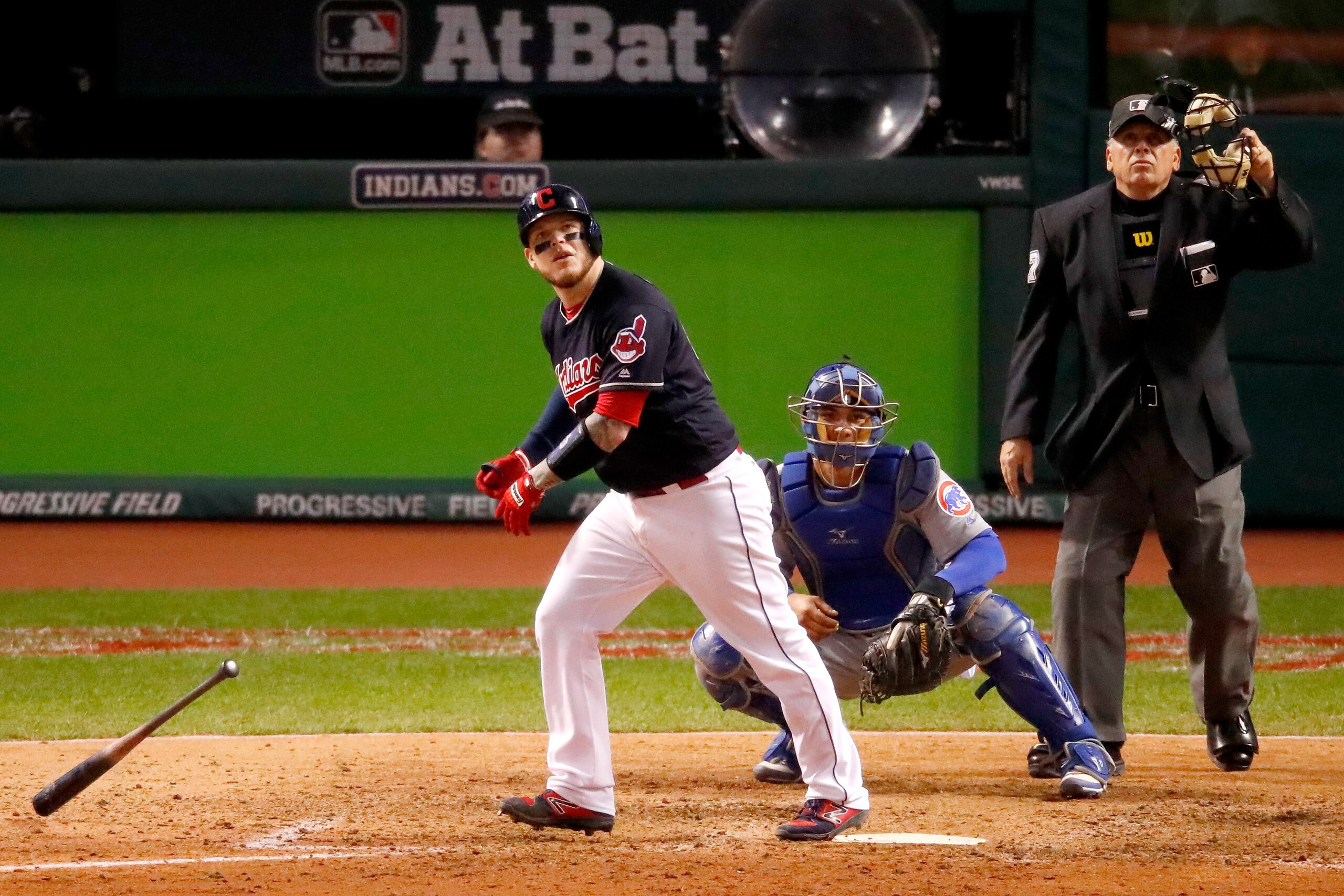 CLEVELAND, OH - OCTOBER 25:  Roberto Perez #55 of the Cleveland Indians tosses his bat after hitting a three-run home run during the eighth inning against the Chicago Cubs in Game One of the 2016 World Series at Progressive Field on October 25, 2016 in Cleveland, Ohio.  (Photo by Gregory Shamus/Getty Images)