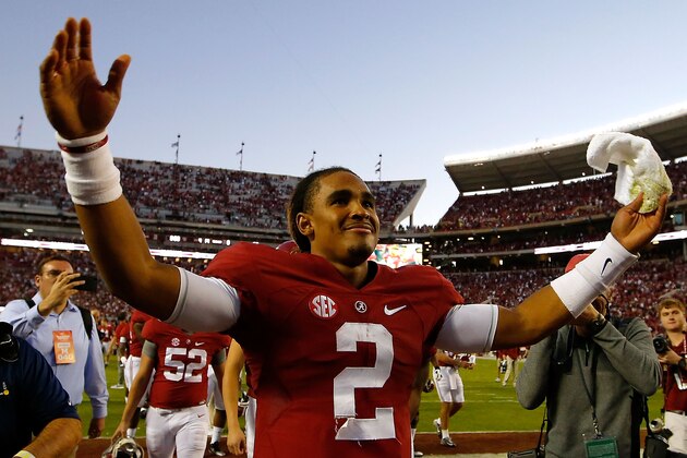 TUSCALOOSA, AL - OCTOBER 22:  Jalen Hurts #2 of the Alabama Crimson Tide reacts after their 33-14 win over the Texas A&M Aggies at Bryant-Denny Stadium on October 22, 2016 in Tuscaloosa, Alabama.  (Photo by Kevin C. Cox/Getty Images)