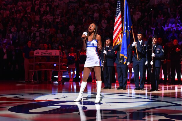 PHILADELPHIA,PA - OCTOBER 26: A member of the Philadelphia 76ers dance squad performs the National Anthem prior to the game against Oklahoma City Thunder during game at the Wells Fargo Center on October 26, 2016 in Philadelphia, Pennsylvania NOTE TO USER: User expressly acknowledges and agrees that, by downloading and/or using this Photograph, user is consenting to the terms and conditions of the Getty Images License Agreement. Mandatory Copyright Notice: Copyright 2016 NBAE (Photo by Jesse D. Garrabrant/NBAE via Getty Images)
