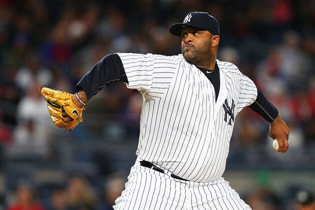 NEW YORK, NY - SEPTEMBER 29:  CC Sabathia #52 of the New York Yankees pitches in the first inning against the Boston Red Sox at Yankee Stadium on September 29, 2016 in the Bronx borough of New York City.  (Photo by Mike Stobe/Getty Images)