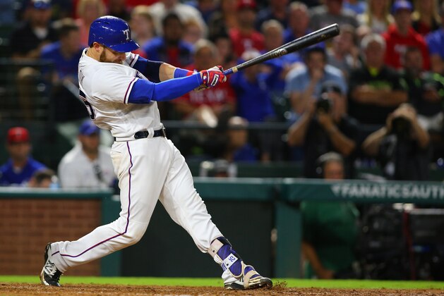 ARLINGTON, TX - SEPTEMBER 27: Jonathan Lucroy #25 of the Texas Rangers hits in the sixth inning against the Milwaukee Brewers at Globe Life Park in Arlington on September 27, 2016 in Arlington, Texas. (Photo by Rick Yeatts/Getty Images)