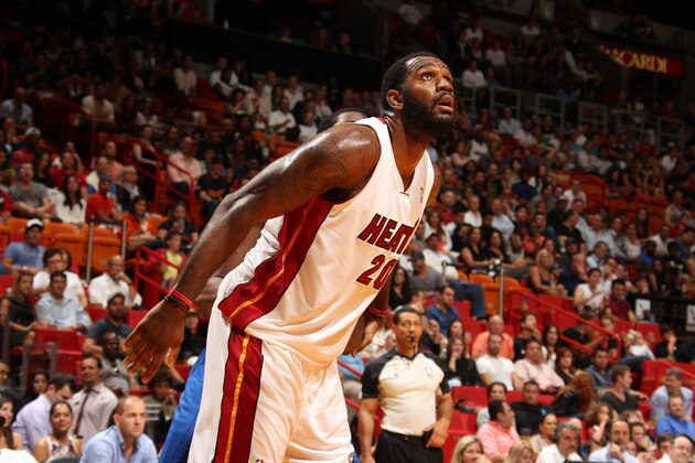 MIAMI, FL - April 16: Greg Oden #20 of the Miami Heat boxes out against the Philadelphia 76ers at the American Airlines Arena in Miami, Florida on April 16, 2014. NOTE TO USER: User expressly acknowledges and agrees that, by downloading and/or using this photograph, user is consenting to the terms and conditions of the Getty Images License Agreement. Mandatory copyright notice: Copyright NBAE 2014 (Photo by Issac Baldizon/NBAE via Getty Images)