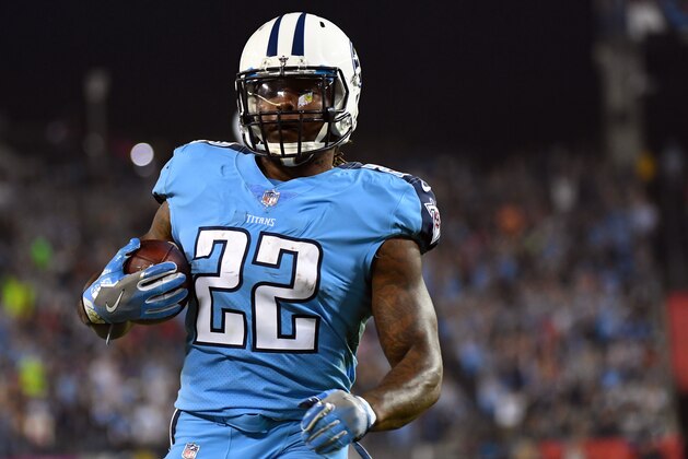 Oct 27, 2016; Nashville, TN, USA; Tennessee Titans running back Derrick Henry (22) runs for a touchdown in the first half against the Jacksonville Jaguars at Nissan Stadium. Mandatory Credit: Christopher Hanewinckel-USA TODAY Sports