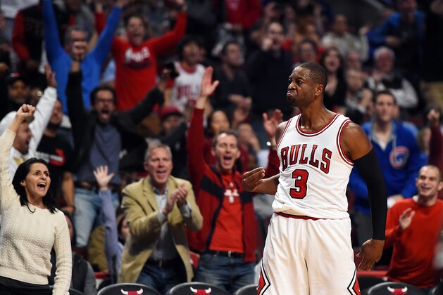 CHICAGO, IL - OCTOBER 27: Dwyane Wade #3 of the Chicago Bulls reacts to a three point shot late in the fourth quarter against the Boston Celtics at the United Center on October 27, 2016 in Chicago, Illinois. NOTE TO USER: User expressly acknowledges and agrees that, by downloading and or using this photograph, User is consenting to the terms and conditions of the Getty Images License Agreement. (Photo by Stacy Revere/Getty Images) CHICAGO, IL - OCTOBER 27: Dwyane Wade #3 of the Chicago Bulls reacts to a three point shot late in the fourth quarter against the Boston Celtics at the United Center on October 27, 2016 in Chicago, Illinois. NOTE TO USER: User expressly acknowledges and agrees that, by downloading and or using this photograph, User is consenting to the terms and conditions of the Getty Images License Agreement. (Photo by Stacy Revere/Getty Images)