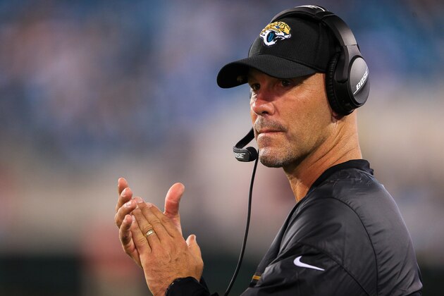 JACKSONVILLE, FL - AUGUST 28: Head coach Gus Bradley of the Jacksonville Jaguars claps during the preseason game against the Cincinnati Bengals at EverBank Field on August 28, 2016 in Jacksonville, Florida. (Photo by Rob Foldy/Getty Images)