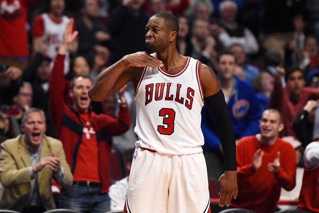 CHICAGO, IL - OCTOBER 27: Dwyane Wade #3 of the Chicago Bulls reacts to a three point shot late in the fourth quarter against the Boston Celtics at the United Center on October 27, 2016 in Chicago, Illinois. NOTE TO USER: User expressly acknowledges and agrees that, by downloading and or using this photograph, User is consenting to the terms and conditions of the Getty Images License Agreement. (Photo by Stacy Revere/Getty Images) CHICAGO, IL - OCTOBER 27: Dwyane Wade #3 of the Chicago Bulls reacts to a three point shot late in the fourth quarter against the Boston Celtics at the United Center on October 27, 2016 in Chicago, Illinois. NOTE TO USER: User expressly acknowledges and agrees that, by downloading and or using this photograph, User is consenting to the terms and conditions of the Getty Images License Agreement. (Photo by Stacy Revere/Getty Images)