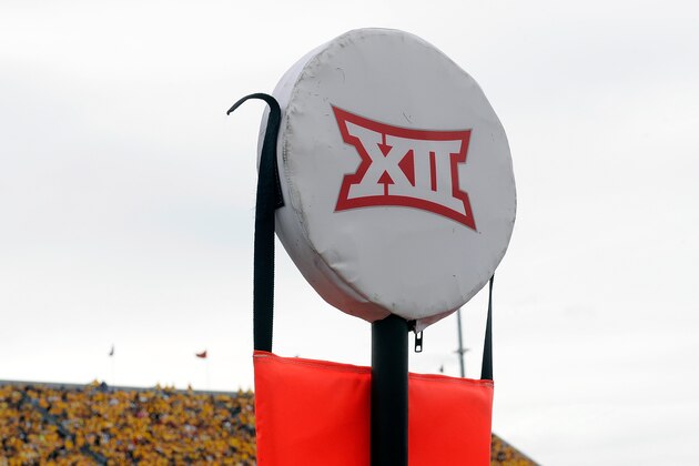 MORGANTOWN, WV - SEPTEMBER 26:  The Big 12 logo on the yardage marker during the game between the West Virginia Mountaineers and the Maryland Terrapins at Mountaineer Field on September 26, 2015 in Morgantown, West Virginia.  (Photo by G Fiume/Maryland Terrapins/Getty Images)