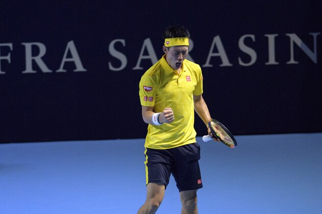 BASEL, SWITZERLAND - OCTOBER 26:  Kei Nishikori of Japan celebrates a point during the Swiss Indoors ATP 500 tennis tournament match against Paolo Lorenzi of Italy at St Jakobshalle on October 26, 2016 in Basel, Switzerland.  (Photo by Harold Cunningham/Getty Images)
