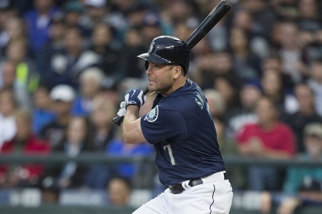 SEATTLE, WA - SEPTEMBER 17: Seth Smith #7 of the Seattle Mariners takes  swing during an at-bat in a game against the Houston Astros at Safeco Field on September 17, 2016 in Seattle, Washington. The Astros won the game 2-1. (Photo by Stephen Brashear/Getty Images)
