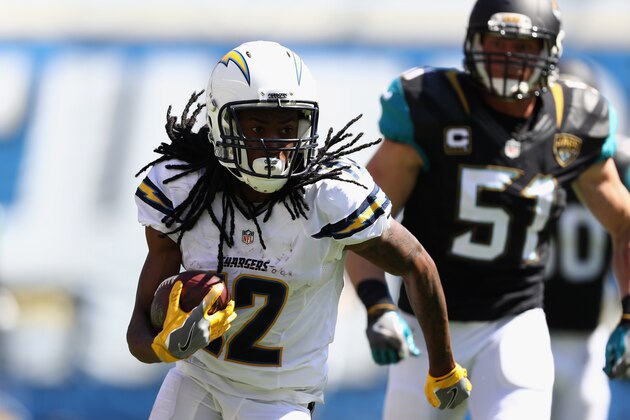 SAN DIEGO, CA - SEPTEMBER 18:  Travis Benjamin #12 of the San Diego Chargers runs downfield pursued by Paul Posluszny #51 of the Jacksonville Jaguars at Qualcomm Stadium on September 18, 2016 in San Diego, California.  (Photo by Sean M. Haffey/Getty Images)