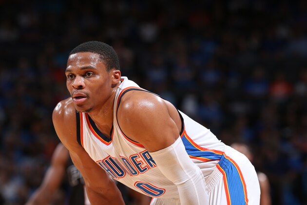 OKLAHOMA CITY, OK - OCTOBER 28: Russell Westbrook #0 of the Oklahoma City Thunder is seen  against the Phoenix Suns on October 28, 2016 at the Chesapeake Energy Arena in Oklahoma City, Oklahoma NOTE TO USER: User expressly acknowledges and agrees that, by downloading and or using this Photograph, user is consenting to the terms and conditions of the Getty Images License Agreement. Mandatory Copyright Notice: Copyright 2016 NBAE  (Photo by Joe Murphy/NBAE via Getty Images)