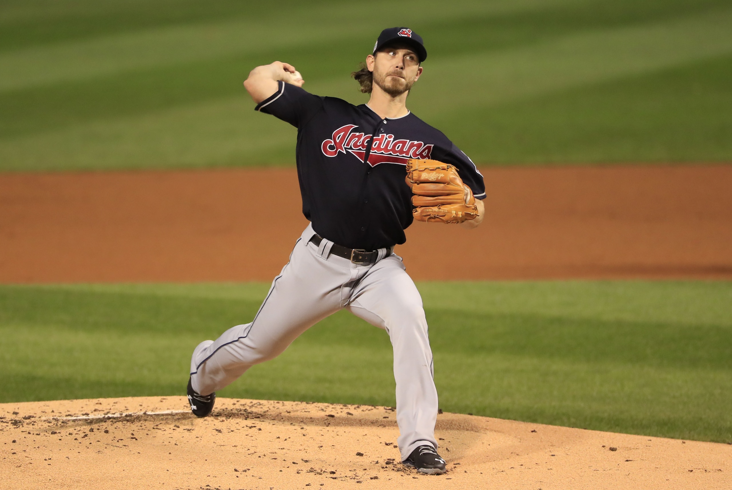Oct 28, 2016; Chicago, IL, USA; Cleveland Indians starting pitcher Josh Tomlin (43) delivers a pitch during the first inning in game three of the 2016 World Series against the Chicago Cubs at Wrigley Field. Mandatory Credit: Tannen Maury/Pool Photo via USA TODAY Sports