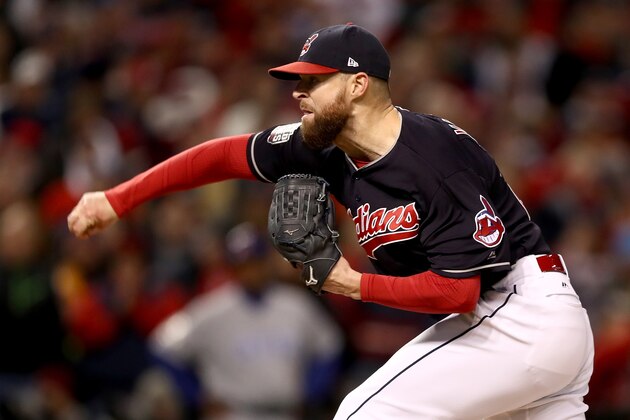 CLEVELAND, OH - OCTOBER 25:  Corey Kluber #28 of the Cleveland Indians throws a pitch during the sixth inning against the Chicago Cubs in Game One of the 2016 World Series at Progressive Field on October 25, 2016 in Cleveland, Ohio.  (Photo by Elsa/Getty Images)